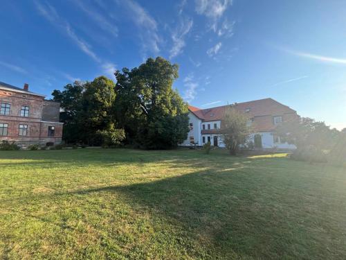 a large yard with a large house and trees at Ferienapartment Janow in Spantekow