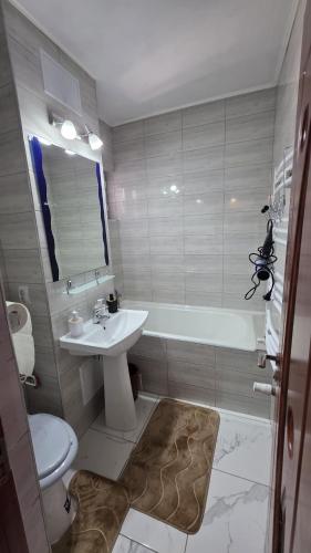 a bathroom with a sink and a tub and a toilet at ELIZA's HOUSE in Petroşani