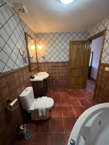 a bathroom with a toilet and a sink and a mirror at Hotel Rural Cristina in Castañar de Ibor