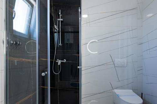 a bathroom with a toilet and a glass shower door at Apartment Grey in Medulin