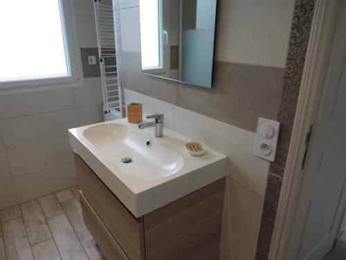 une salle de bain avec un lavabo et un miroir dans l'établissement Gîte THIMAX, à Ablon