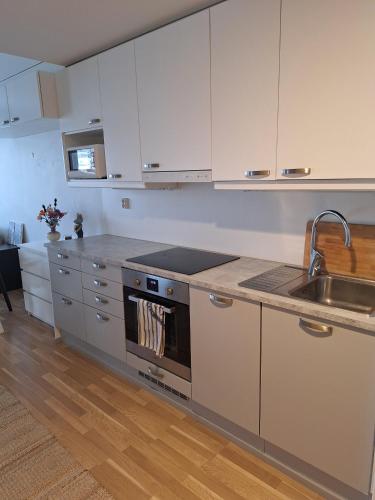 a kitchen with a stainless steel stove and a sink at Upea asunto ydinkeskustassa in Lappeenranta