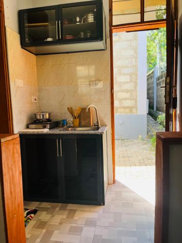 una cucina con lavello e microonde di leo apartment ad Arusha