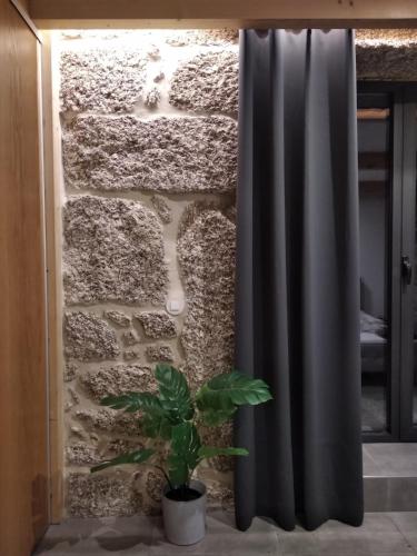 a shower curtain next to a stone wall with a plant at Casa do Oitão in Vieira do Minho