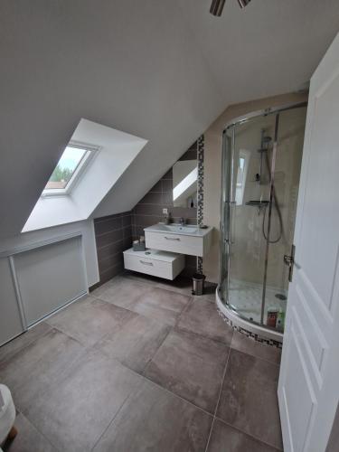 une salle de bain mansardée avec douche et lavabo dans l'établissement Chambre chez l'habitant pour les 24h auto, à Mulsanne