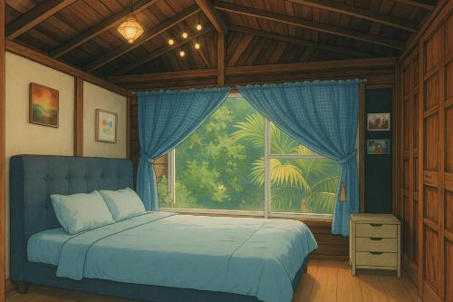 a bedroom with a bed and a large window at Cabañas San miguel Cachipay - Colombia in Cachipay