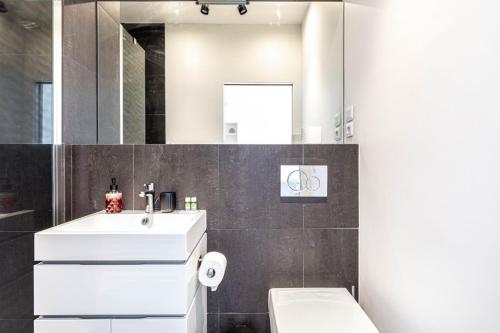 une salle de bain avec un lavabo, des toilettes et un miroir dans l'établissement Studio Bastille, à Paris