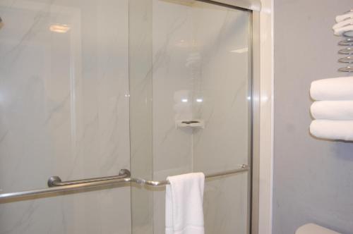 a shower with a glass door and a towel at Vacation Lodge in Pigeon Forge