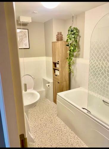 a bathroom with a sink and a tub and a toilet at Waterfoot Escape in Newcastle