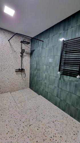 a room with a shower and a tiled wall at Nazani, villa with 4 bedrooms,whole apartment,жильё целиком in Dilijan