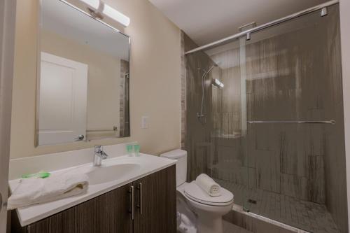 a bathroom with a toilet and a sink and a shower at Luxury at 3br 2ba 200mbps Internet in Boston