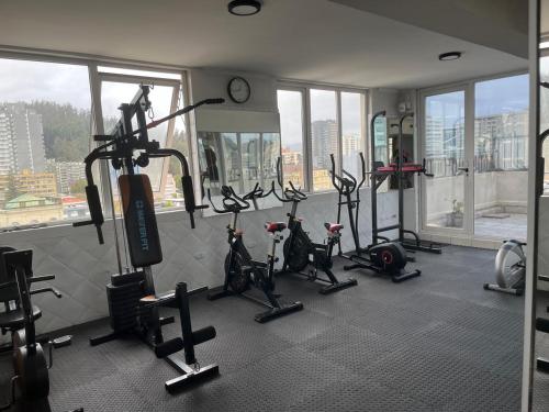 a gym with several exercise bikes in a room with windows at Hotel Terrano Concepción in Concepción