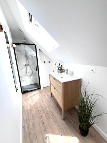 une salle de bain avec un lavabo et un miroir dans l'établissement Maison entièrement rénovée Plérin centre, à Plérin
