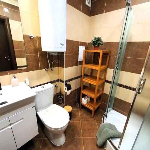 a bathroom with a toilet and a sink and a shower at Panorama Sea View in Sveti Vlas
