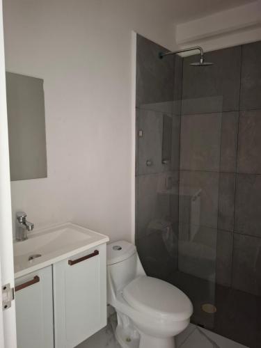 a bathroom with a white toilet and a shower at Hotel Cancún Rosa in Cancún