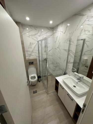 a bathroom with a toilet and a sink and a shower at Tomi Lux in Zlatibor