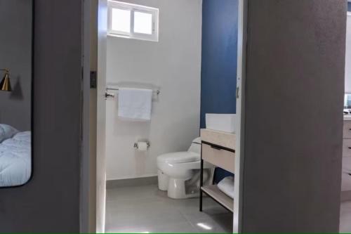 a bathroom with a toilet and a sink and a mirror at WUER Expiatorio in León