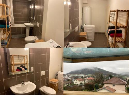 quatre photos d'une salle de bain avec toilettes et lavabos dans l'établissement Le Bijou, à Besançon