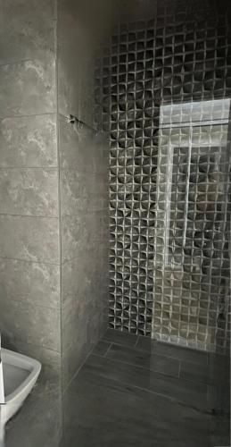 a shower with a glass door in a bathroom at Orbi Beach Tower in Batumi