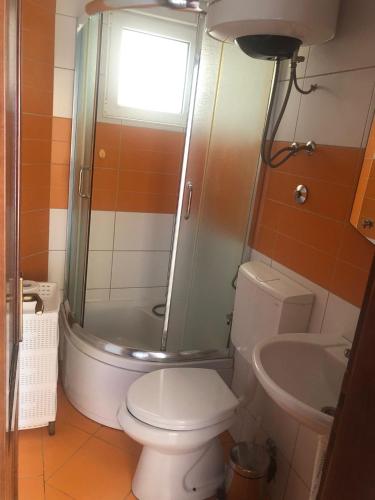 a bathroom with a toilet and a shower and a sink at Naf No 2 in Donji Štoj