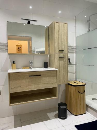 a bathroom with a sink and a mirror at Gîte proche Cattenom, Luxembourg in Algrange