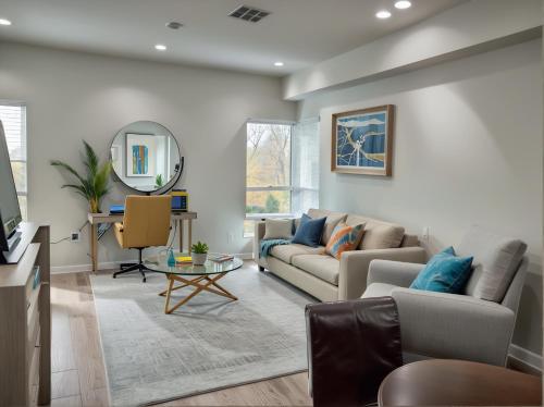 a living room with a couch and a mirror at Hollywood Homes Free parking close to all things LA in Los Angeles