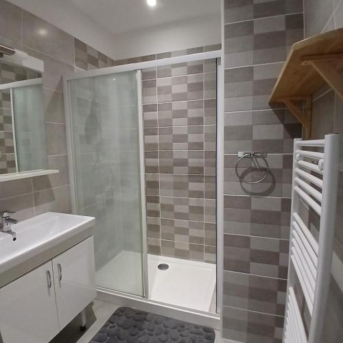 une salle de bain avec douche et lavabo dans l'établissement Maison calme et paisible, à Châteauneuf-les-Bains