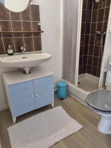 une salle de bain avec un lavabo, des toilettes et un miroir dans l'établissement Magnifique vue plage joli appartement 5 personnes secteur Allée des Arts, au Barcarès