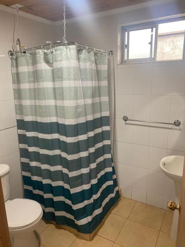 a bathroom with a shower curtain and a toilet at Von Menzel Bed and Beer in Parral