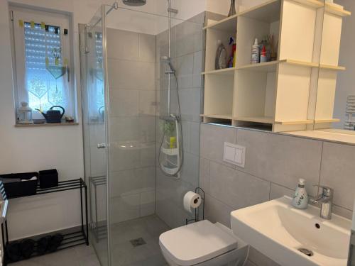 a bathroom with a shower and a toilet and a sink at Cosy room near Berlin and close to Tesla Factory in Brandenburg in Vogelsdorf