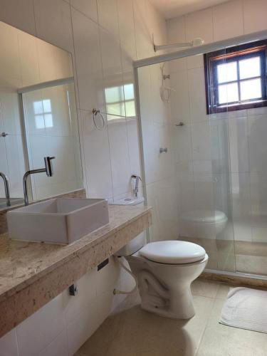 a bathroom with a sink and a toilet and a shower at Sitio Longos Vales in Miguel Pereira