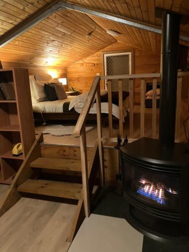 RydalSpringmead Rustic Cabin的小屋内带床和壁炉的房间