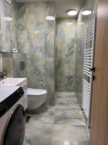 a bathroom with a toilet and a sink and a shower at Casa Arco in Spišská Nová Ves
