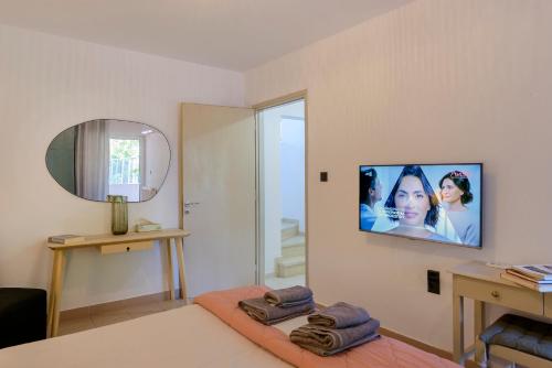 a room with a television on a wall with a bed at Agali 2 maizonette front of the sea in Akrogiali