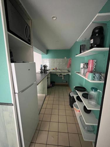 Il comprend une cuisine dotée d'un réfrigérateur blanc et de murs verts. dans l'établissement Appartement Mauriac, à Mauriac