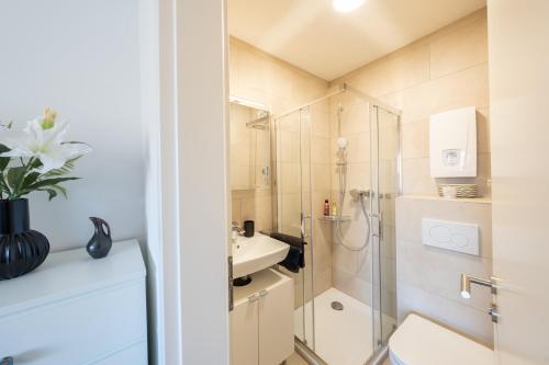 a bathroom with a shower and a toilet and a sink at City Studio am Marienplatz in Stuttgart