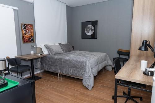Un dormitorio con una cama, un escritorio y una mesa. en Guaja 745 - Apartamento Kiko, en Belo Horizonte