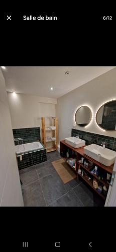 La salle de bains est pourvue de 2 lavabos, d'une baignoire et de miroirs. dans l'établissement Le nid de Raphaël rooftop, au Puy-en-Velay