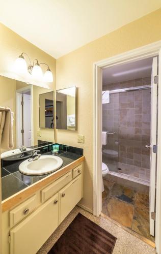 a bathroom with a sink and a shower at Austria Hof Lodge in Mammoth Lakes