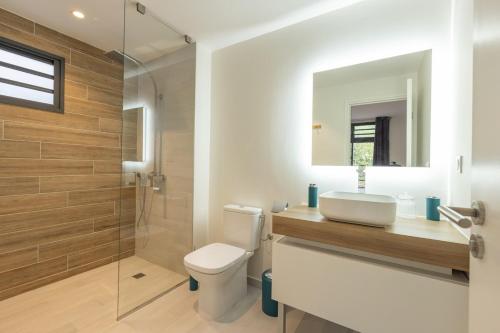 AvaeMaraea Deluxe Apt 2BR 2BA with Pool View near Tahiti Airport的配有马桶、水槽和淋浴的浴室