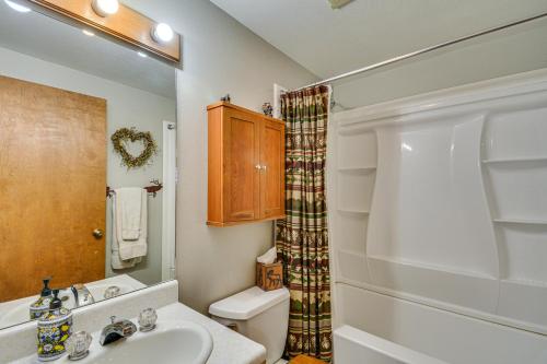 a bathroom with a sink and a toilet and a shower at Fairplay Cabin with Mtn View about 4 Mi to Platte River! in Fairplay