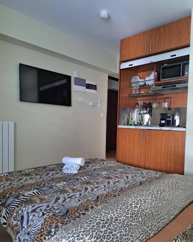 a hotel room with a bed with a television on the wall at Elaine's Athens Riviera Studios in Athens