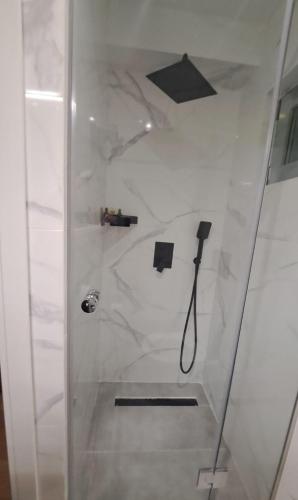 a shower with a glass door with a shower head at Elaine's Athens Riviera Studios in Athens