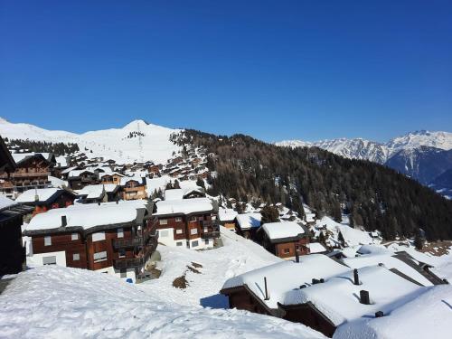 a town covered in snow on top of a mountain at Grosszügige, charmante Wohnung in den Bergen in Breiten