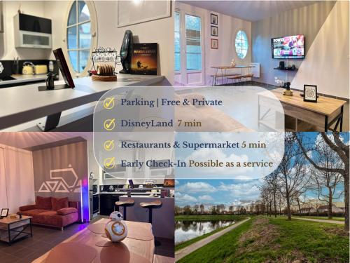 un collage de quatre photos d'un salon dans l'établissement Once Upon A Time - 7min From DisneyLand - Free Private Parking - Self checkIn - Balcony - Barbecue, à Magny-le-Hongre