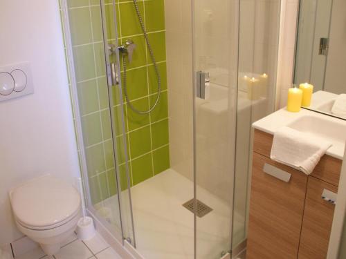 une salle de bain avec une douche avec des toilettes et un lavabo dans l'établissement Apartment in Amboise near Royal Château, à Amboise