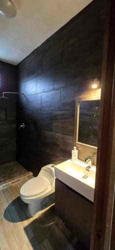 a bathroom with a white toilet and a sink at Loft Mi Alegria in El Jobo