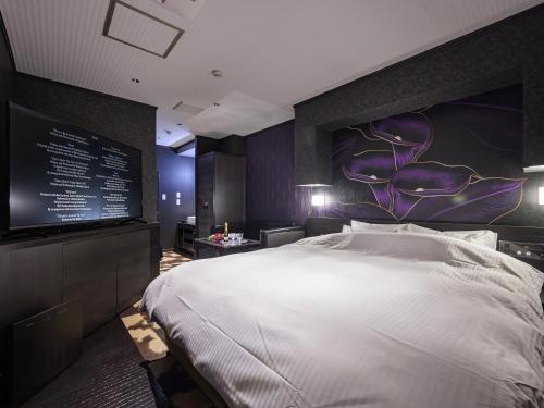 a bedroom with a large bed and a tv at HOTEL The KAISER -全室人工ラドン温泉- in Kanie