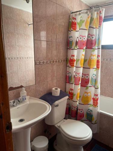 Un baño con inodoro, lavabo y cortina de ducha. en Casa Rukalma Centro, en Villarrica