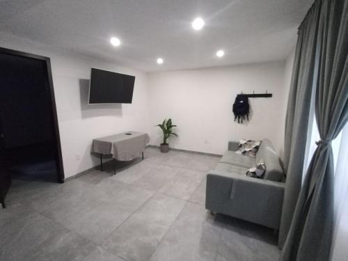 a living room with a couch and a tv at departamento compartido Aeropuerto-GNP in Mexico City
